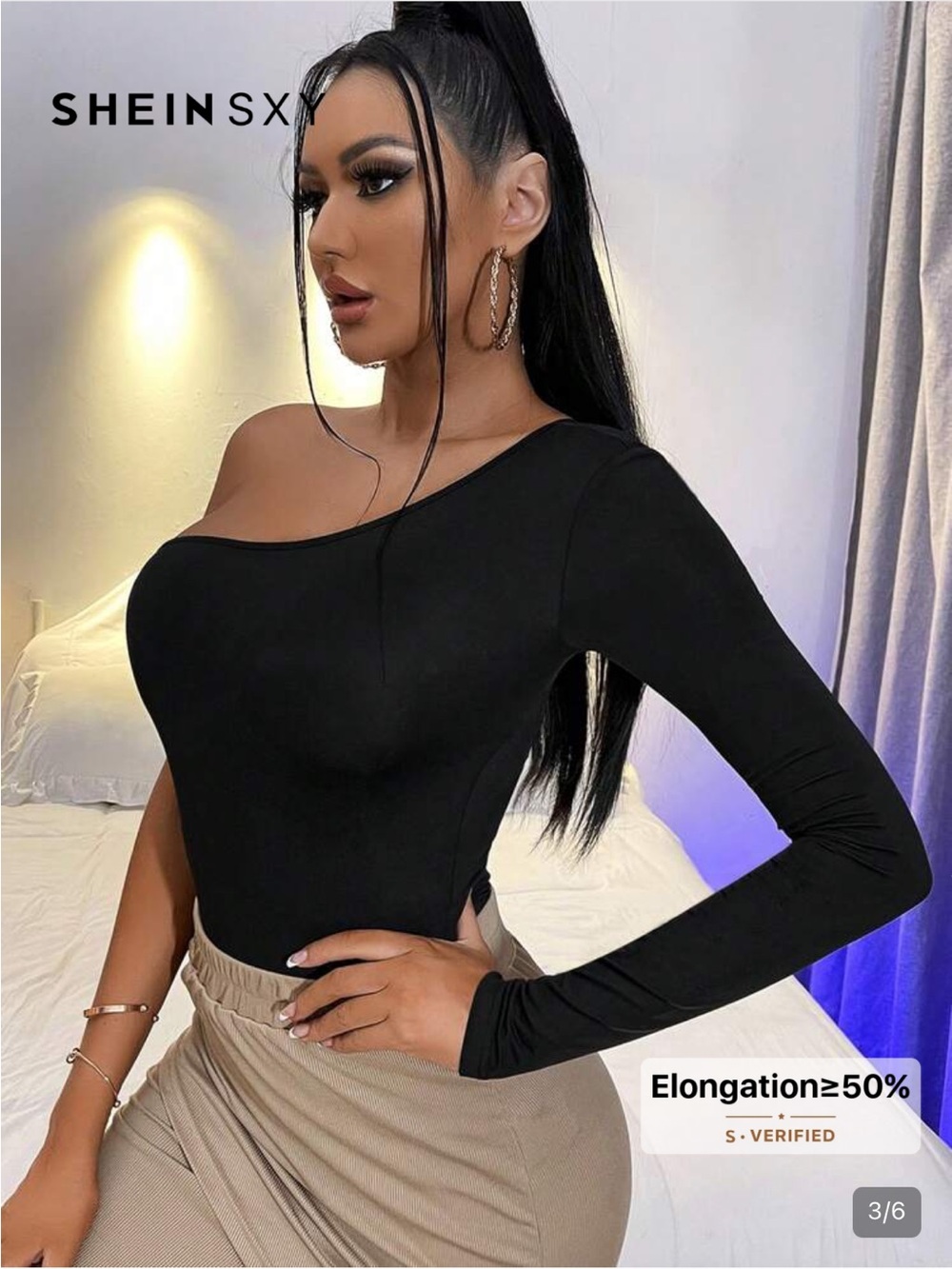 SHEIN Black One-Shoulder Long Sleeve Bodysuit